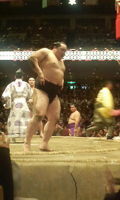 砂を付けて痛そうに土俵を降りる朝青龍