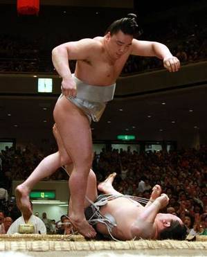 飛び上がる日馬富士と一回転した白鳳